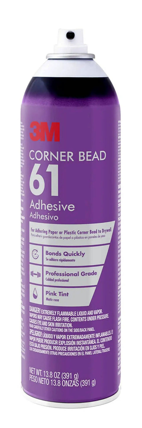 Drywall corner bead spray adhesive 13.8 oz can in purple with adjustable nozzle, contractor-grade, fast-grab aerosol, red tint visibility.
