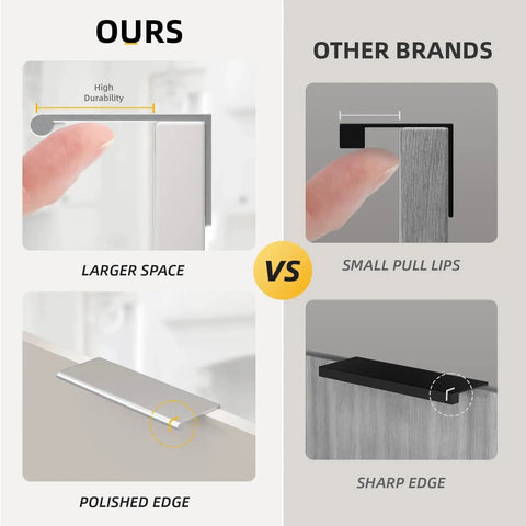 Comparison of Brushed Nickel Finger Edge Pulls with sharp edges of other brands, highlighting larger space and polished design.
