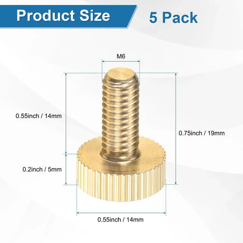 Five Pack Knurled Thumb Screws M6x14mm Solid Brass Flat Head Fully Threaded Knobs Bolts Fasteners - Product Size Diagram