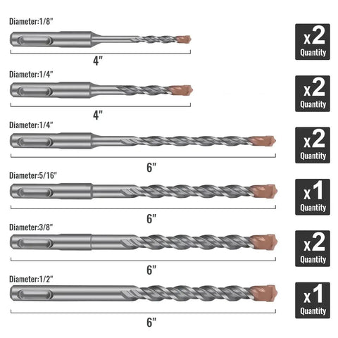 SDS Plus Rotary Hammer Drill Bit Set Ten Pack Carbide Tipped For Concrete And Masonry Drilling One Eighth Inch One Quarter Inch Five Sixteenths Inch Three Eighths Inch And One Half Inch Bits With Four And Six Inch Lengths Heavy Duty For Concrete Cement