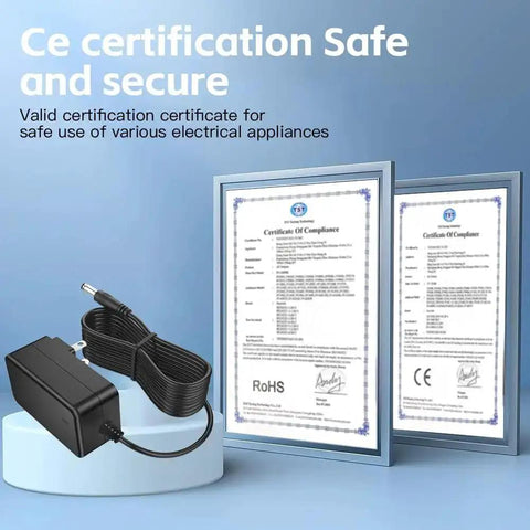 24V 1A DC Power Supply Adapter With Universal 100-240V AC Input And 24W Output, shown with CE certification documents