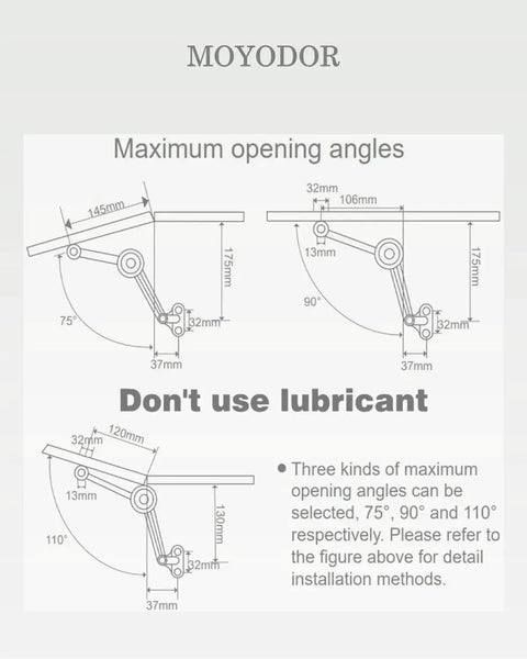 Diagram showing 75, 90, 110 degree angles for Heavy Duty Lid Stay Hinges For Cabinets And Toy Boxes, 110 Degree Folding Lid Support.