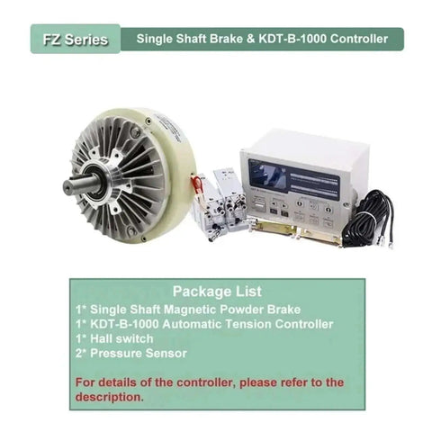 Pro Grade Hollow Shaft Single Shaft Magnetic Powder Brake Kit 24V DC 1400 RPM with KDT-B controller and sensors displayed.