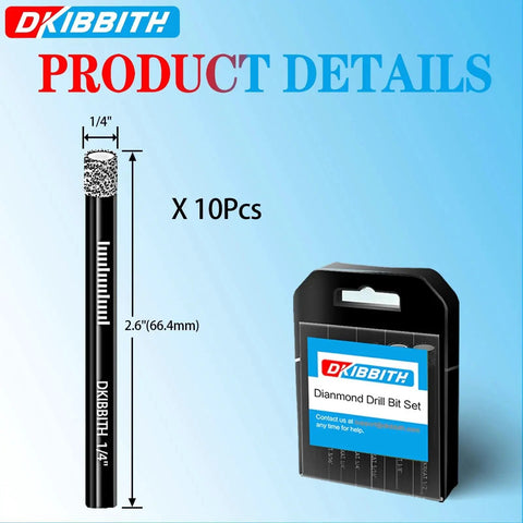 Ten Pack One Quarter Inch Diamond Drill Bits Set For Tile Porcelain Ceramic Granite Marble Stone And Glass With Dry Drilling Capability Includes Storage Case And One Quarter Inch Round Shank For Quick Diy Projects, showing drill bit measurement and case.