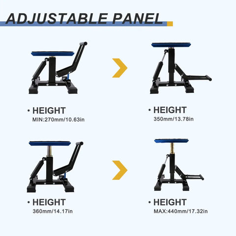 Adjustable 1200 Lb Dirt Bike Stand And Lift With Aluminum Platform showing varying height settings