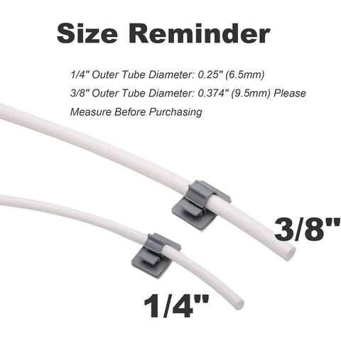 Fifteen Pack Adhesive RO Tubing Holder Clips For One Quarter Inch Water Filter Tubing Cable Management Mounts For Reverse Osmosis Systems Refrigerator And Under Sink Organization One Quarter Inch Tubing Mounting Clips showing size reminder for 1/4 inch and 3/8 inch tubes.