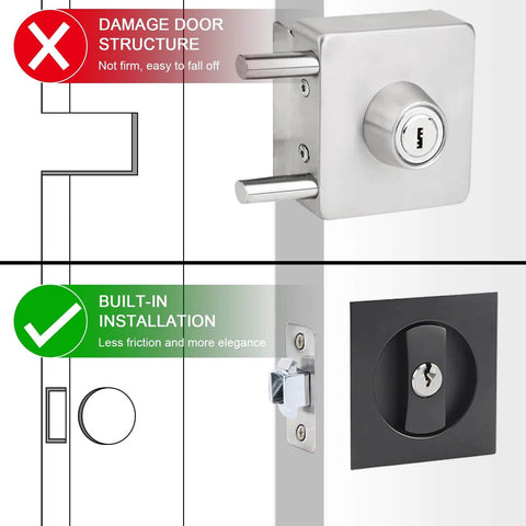 Comparison of a traditional lock damaging door structure vs the Black Privacy Pocket Door Lock With Keys Hidden Recessed Square Barn Door Latch For 1 3/8 To 2 3/16 Inch Thick Doors Zinc Alloy Brushed Nickel Finish Anti Corrosion Dust And Oil Resistant Left Or Right Hand Install with built-in installation.