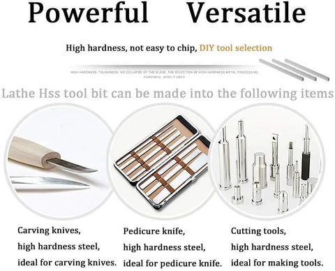Image showing various HSS tool bits and their applications, including carving knives and cutting tools. Pro Grade HSS Lathe Tool Bit 6mm x 40mm x 200mm Square Turning Tool Blank For Milling And Finishing Hard Materials Like Mild Steel Alloy Steel And Tool Steel Utoolmart.