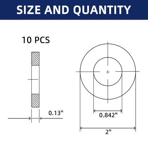 Flat washer set, stainless steel, 2 in OD, 0.842 in ID, 0.13 in thick, black finish, 10 pcs