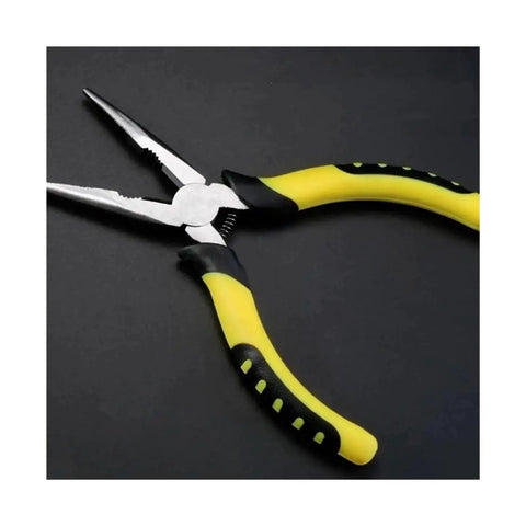 6 Inch Multi Function Pliers With Wire Cutter Diagonal Cutting Crimping, yellow and black handles, against black background