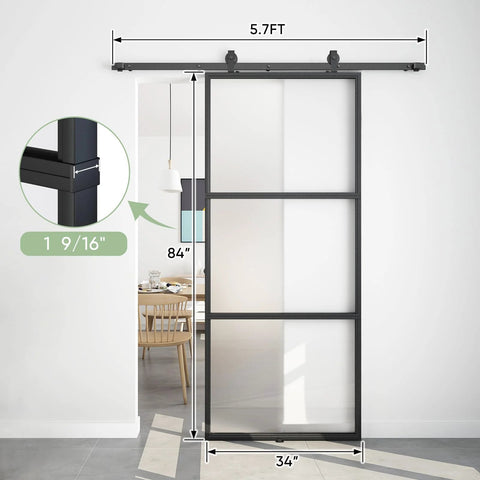 34x84 Inch Frosted Glass Barn Door With Black Carbon Steel Frame Top Mounted Hardware Kit No Fuss Soft Close Tempered Glass Sliding Door For Privacy Easy Assembly For Bathroom Laundry Kitchen Or Living Room, shown installed in a living space with dimensions labeled