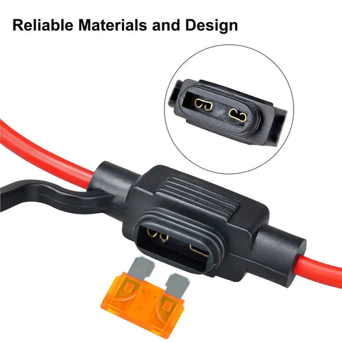 Close-up of 5 Pack Inline Fuse Holders With 16 AWG Waterproof Design And 5A ATC ATO Blade Fuses, ideal for electrical upgrades.