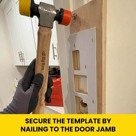 Four Pocket Mortising Template For Door Jamb Strikes And Deadbolts With A Durable Bamboo Carrier being installed on door jamb