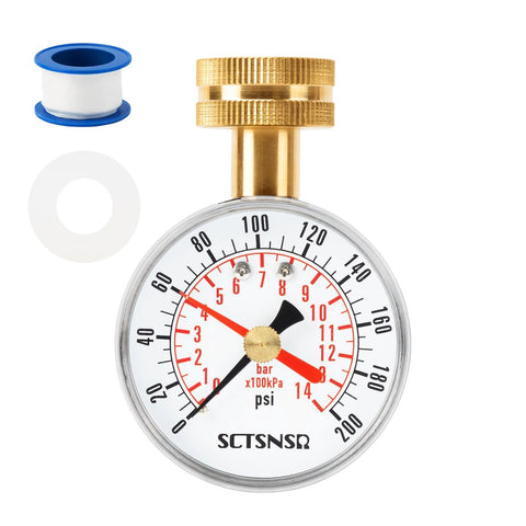 SCTSNSR water pressure test gauge, 2.5 in dial, 0–200 psi, brass 3/4 in garden hose thread, black steel case.