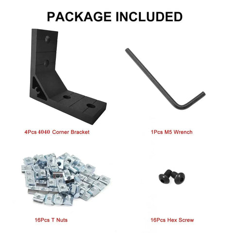 Package includes 4 Pack Black Corner Brackets For 4040 Aluminum Extrusion 90 Degree Joint Connectors with T Nuts, Screws, and Wrench