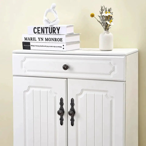 White cabinet with round cabinet knob with back plate set, oil rubbed bronze, showcasing 1.2 inch knob and 5.8 inch back plate in use.