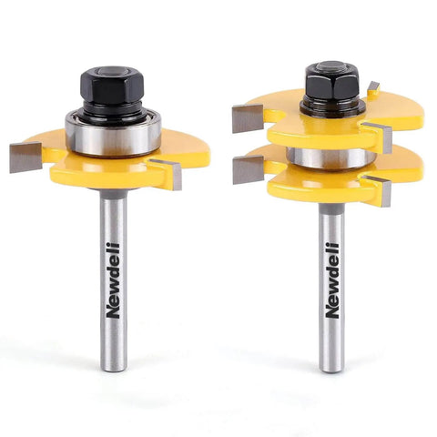 Tongue and Groove Router Bit Set, 1/4 inch shank, 2-pack, for 3/4 inch stock, 1/2 inch cutting depth, three-teeth T-shape, woodworking.