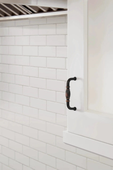 Installed Oil Rubbed Bronze Granby Cabinet Pull 3 Inch Center To Center Drawer Handle on white kitchen cabinet
