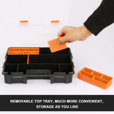 Hand adjusting removable divider in Four Piece Hardware And Parts Organizer Set For Toolbox Storage Ready To Roll With Versatile Small Parts Compartments Durable Multi Size Organizer Boxes For Home Garage And Workshop.