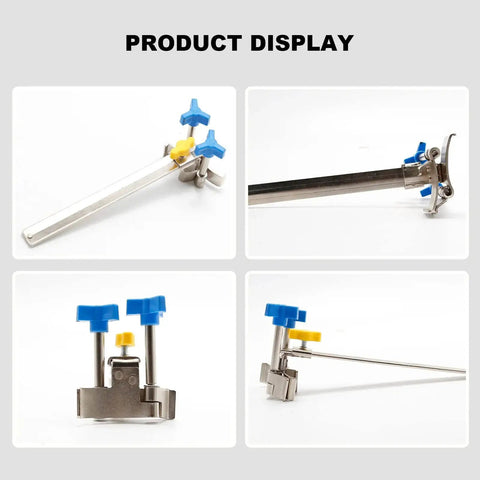 Saihisday cam timing locking tool kit; stainless steel with blue and yellow knobs; dual cam clamp (collage: front/side/close-up/installed)