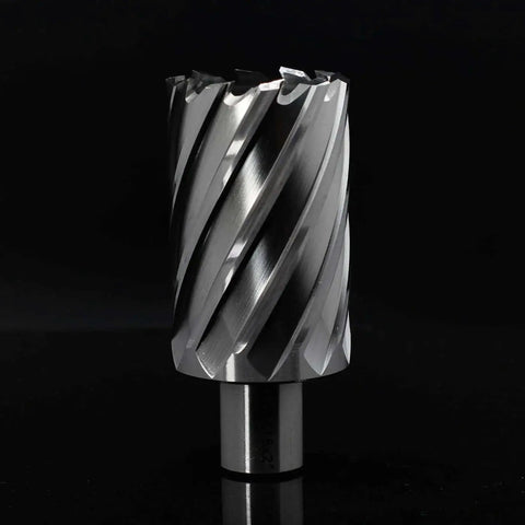 Beefy Annular Cutter For Magnetic Drill Press One Nine Sixteenth Inch Cutting Diameter And Two Inch Depth With Three Quarters Inch Weldon Shank Two Flat Pilot Pin Included Delivers Holes Ten Times Faster