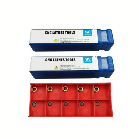 Lathe Turning Tool Holder Set With Three Eighths Inch And One Half Inch Shanks Featuring RCMT0602 Round Carbide Inserts For Steel And Stainless Includes Two Three Eighths Holders And Ten Inserts For Durable 90 Degree Profiling