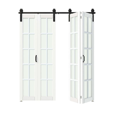 Bi-Fold Sliding Barn Door Kit With 10 Lite Frosted Glass Panels, 60 Inch Wide By 84 Inch Tall, Double Slab Closet Door In White Finish, Includes 2 Tracks For Four Doors And Full Sliding Hardware Set For Easy Install