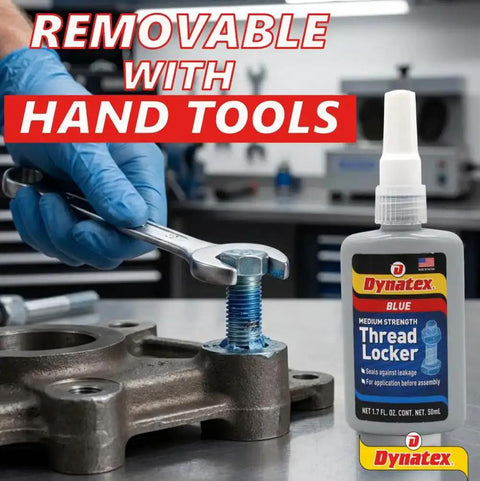 Blue Medium Strength Threadlocker For Metal, 1.69 Oz Bottle, removable with hand tools, shown with wrench on fastener