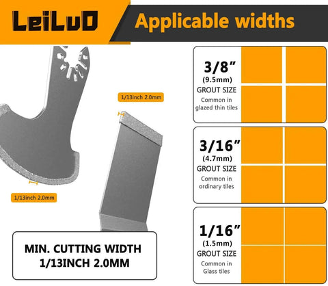 Pro Grade Diamond Oscillating Multi Tool Blades Kit For Grout Removal Six Piece Set with blade size options shown