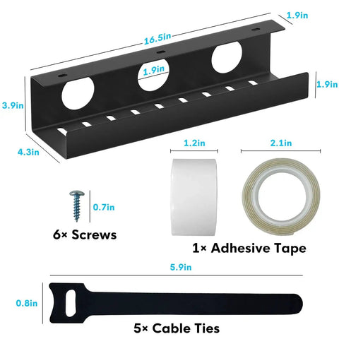 Dimensions and components of Self Adhesive Under Desk Cable Management Tray 2 Pack Steel Wire Organizer including screws, tape, and ties.