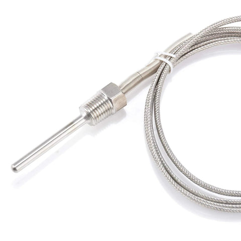 K-type stainless steel thermocouple probe with 1/4 in NPT thread and braided shield lead.