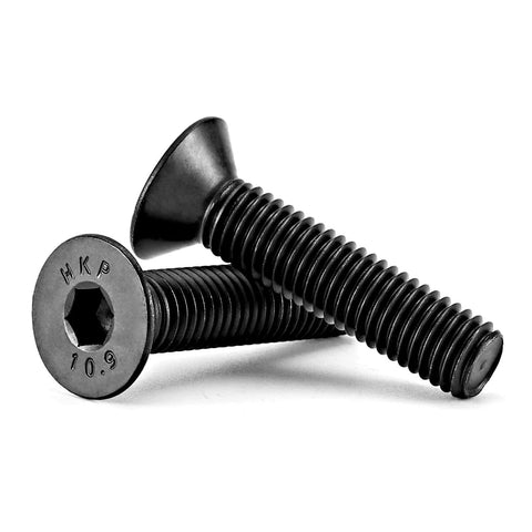 Flat Head Hex Socket Cap Screws Built For Tough Jobs 10mm Diameter 30mm Length M10 One Point Five Pitch Countersunk Bolts Ten Point Nine Grade Alloy Steel Black Oxide Finish Allen Hex Drive Fully Threaded Metric Machine Screws 10 Pack, close-up view