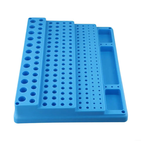 Pro Grade Drill Bit And End Mill Storage Box Organizer With 82 To 288 Hole Capacity in blue hardened plastic, angled view.