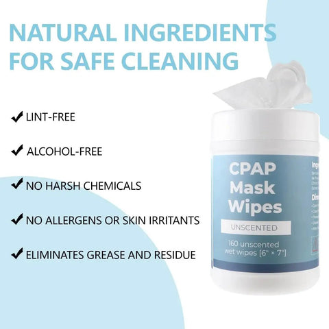 Image of Unscented Alcohol Free CPAP Mask Wipes 160 Count Canister with product features highlighted: lint-free, alcohol-free.