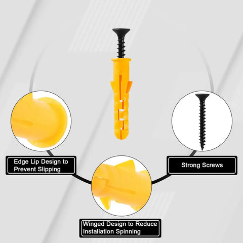 Close-up of 270 Piece Wall Anchors Kit For Drywall And Concrete Includes Five Essential Sizes With 27 Sets Each Plastic Anchors And Phillips Wood Screws, showing yellow anchor and screw details.