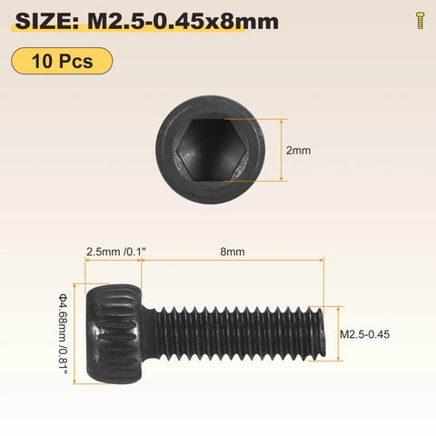 Image showing a 10 pack M2.5 0.45x8 socket head cap screws, carbon steel, Allen drive, black oxide, coarse thread fasteners.