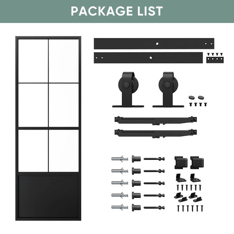 Package contents of 30 Inch By 84 Inch Frosted Tempered Glass Sliding Barn Door with pre-drilled carbon steel frame and 5ft hardware kit.