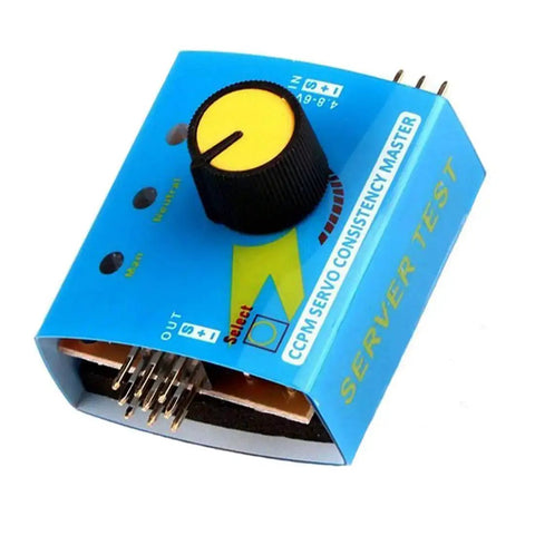Blue 3 Channel RC Servo Tester and ESC Checker with dials and switches for CCPM mastering of RC helicopters, cars, and boats.