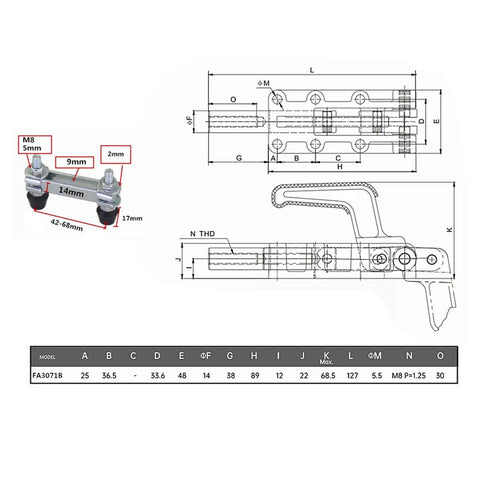 Technical drawing and dimensions of Built Tough Double Headed Toggle Clamp, Heavy Duty Push Pull Clamp With 600kg Clamping Force.