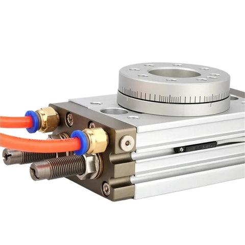 Rotary pneumatic air cylinder, high-precision rack-and-gear actuator, aluminum body with orange hoses.