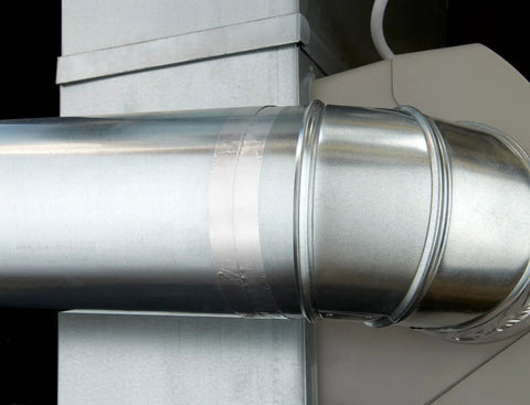 Side view of 3M High Temperature Flue Tape wrapped around a silver metal HVAC duct joint.