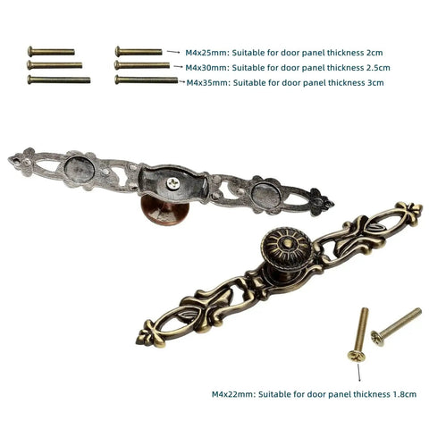 Antique Bronze Vintage Style Cabinet Knobs Set For Furniture Drawers with screws in various sizes for different panel thicknesses.