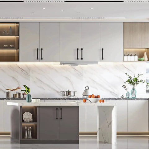 Modern kitchen with 10 Pack 5-Inch Matte Black Cabinet Pulls for Cabinets and Cupboards on gray and white cabinetry.