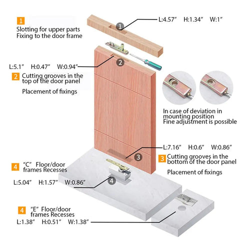 Diagram of Hidden Pivot Hinges For Secret Doors And Bookcases, Heavy Duty Wood Door Hardware installation steps