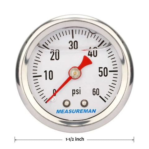 1.5 Inch Dial Liquid Filled Fuel Pressure Gauge With 304 Stainless Steel Case And Center Back Mount, 0 To 60 PSI, Front View