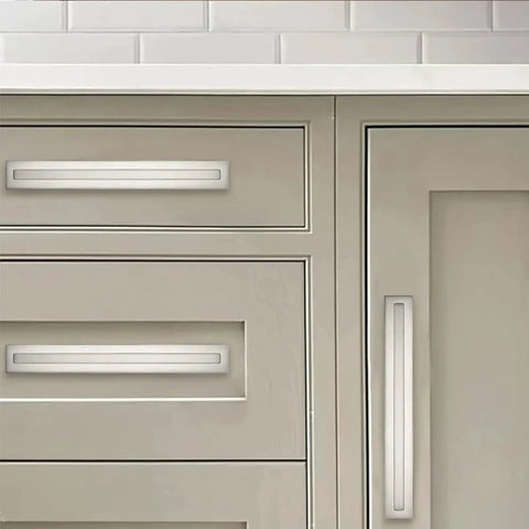5 Pack 3 Inch Hole Center Brushed Satin Nickel Cabinet Pulls With Backplates And Base Plates installed on cabinets
