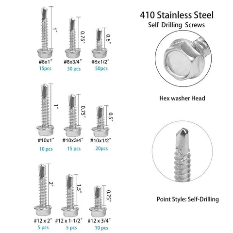 Self Drilling Hex Head Screws Set In 410 Stainless Steel Self Tapping Metal Screws Kit With 160 Piece Sheet Metal Assortment For 8 10 12 Size Options DIY Ready Rust Resistant And Easy To Use For Quick Projects display with various screw sizes and styles