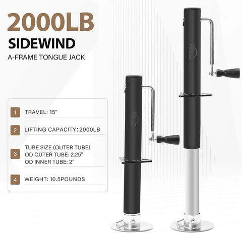 RV Side Crank Tongue Jack 2000 Pound Capacity 15 Inch Travel For Frame Trailers on white background with specs shown