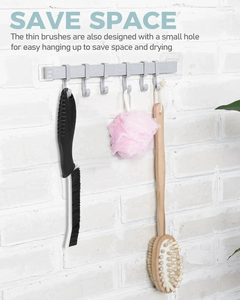 Hard Bristle Crevice Cleaning Brush For Grout And Tight Gaps Non Slip Handle hanging on wall hook