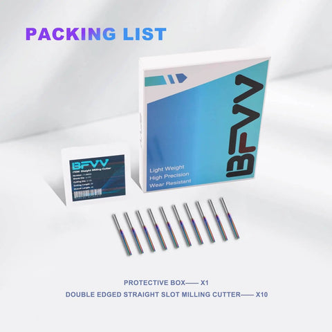 10 Pack CNC Straight Router Bits 1/8 Inch Shank 2 Flute Carbide Straight Milling Cutter With DLC Coating next to packaging